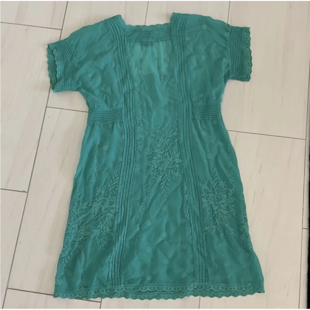 Johnny Was Vintage Teal Embroidered Short Sleeve Dress Comes With Original Slip